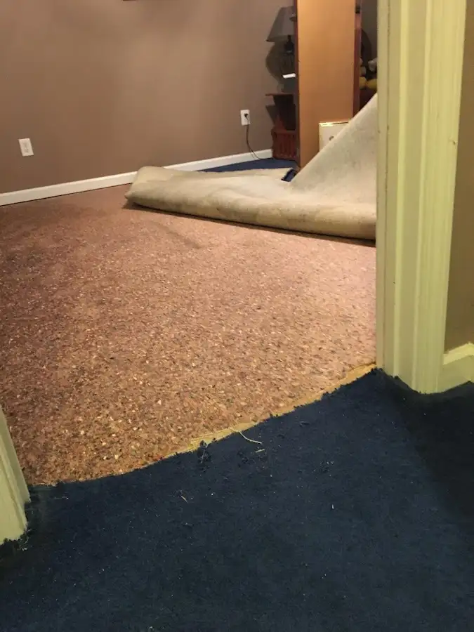 Carpet pad removal revealing water damage during Water Mitigation Services in Ironton